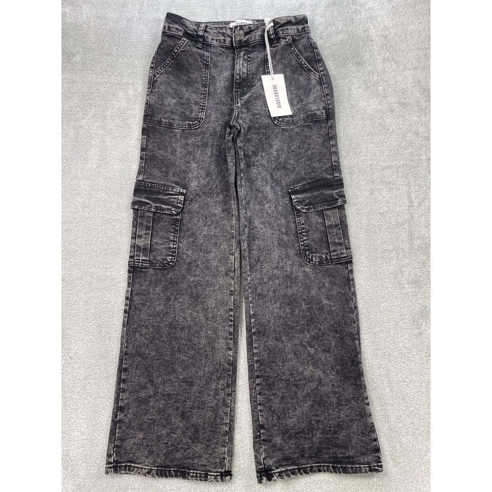 Disclosure Jeans Women 7/28 Black Wide Leg Acid Wash Cargo Porkchop Pockets Y2K